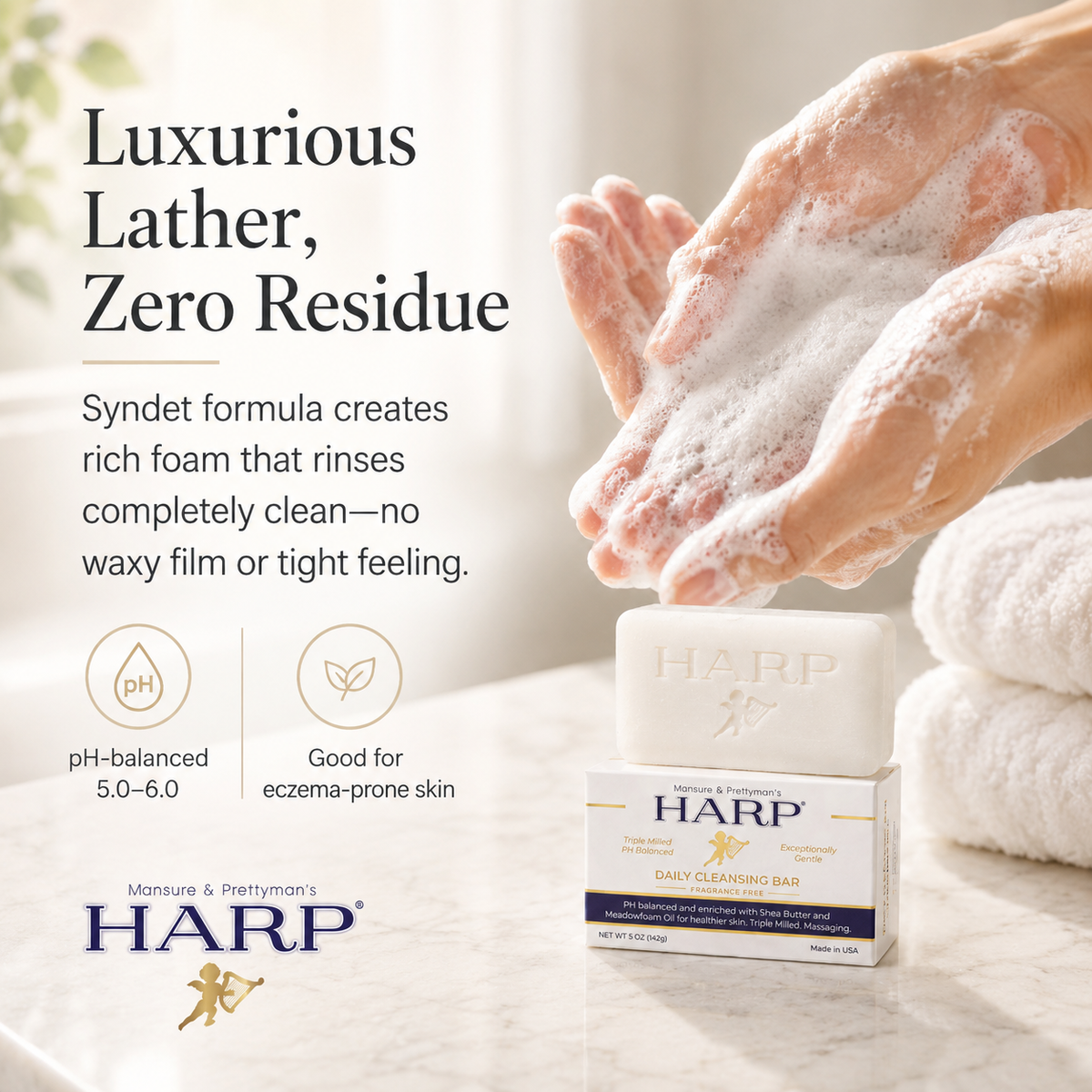 HARP® Fragrance-Free Body Wash Bar – pH-Balanced, Soap-Free, 5 oz