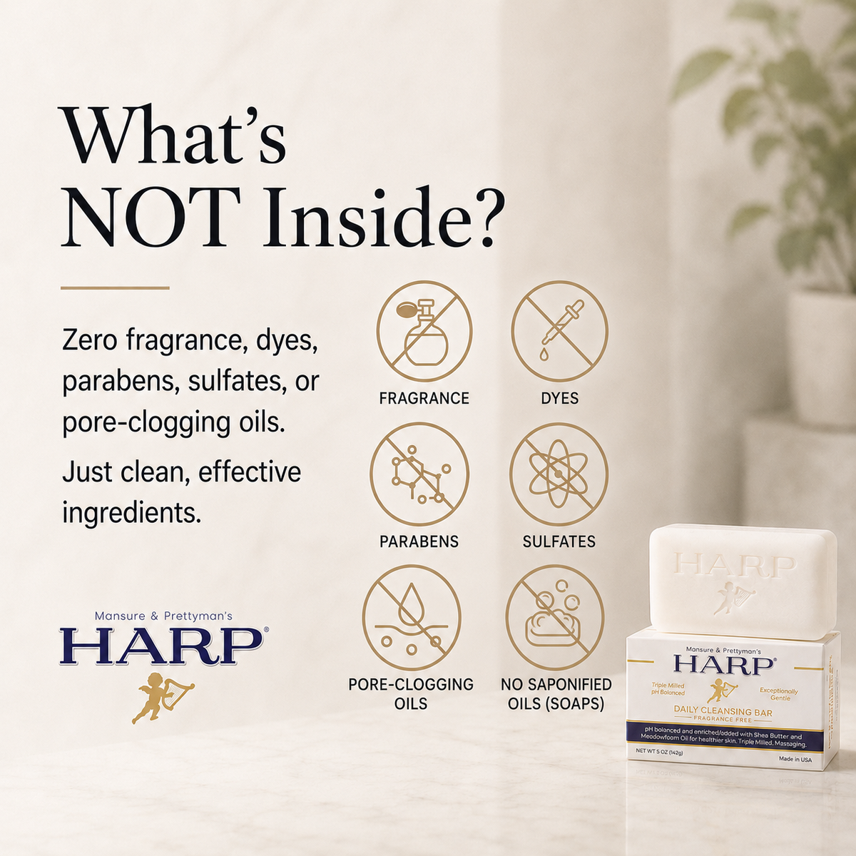 HARP® Fragrance-Free Body Wash Bar – pH-Balanced, Soap-Free, 5 oz