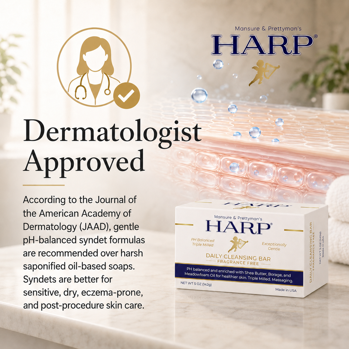 HARP® Fragrance-Free Body Wash Bar – pH-Balanced, Soap-Free, 5 oz