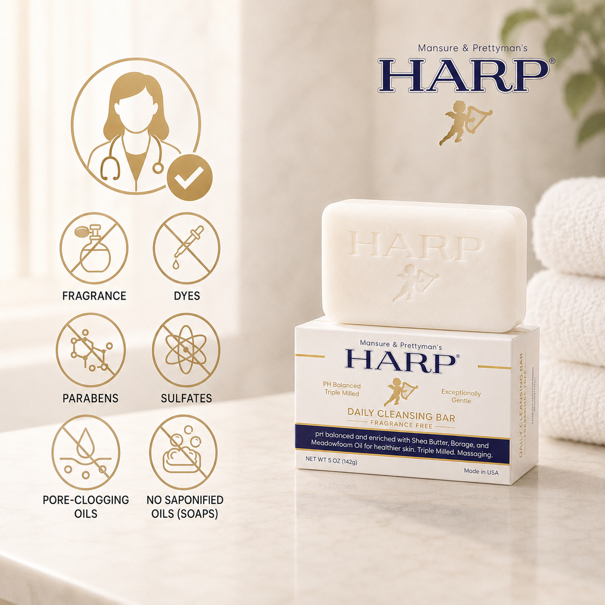 HARP® Fragrance-Free Body Wash Bar – pH-Balanced, Soap-Free, 5 oz